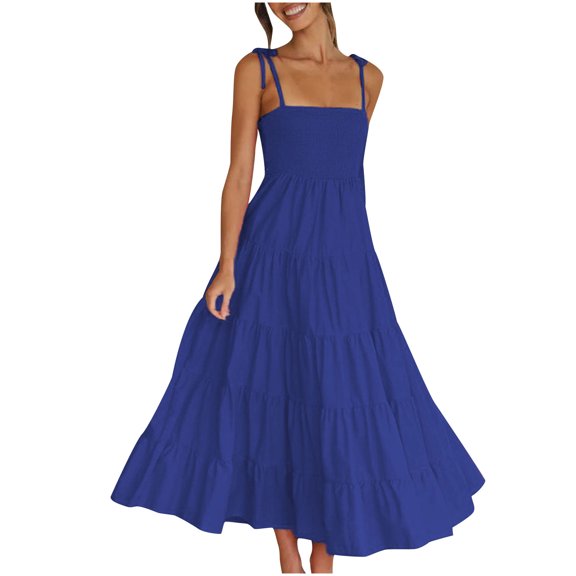 IROINNID Wedding Guest Dresses for Women Evening Night Formal Fall Dress High Waist Sleeveless Printed Off Shoulder Color Suspender Sleeveless Round Neck Elegant A-Line Dress,Dark Blue