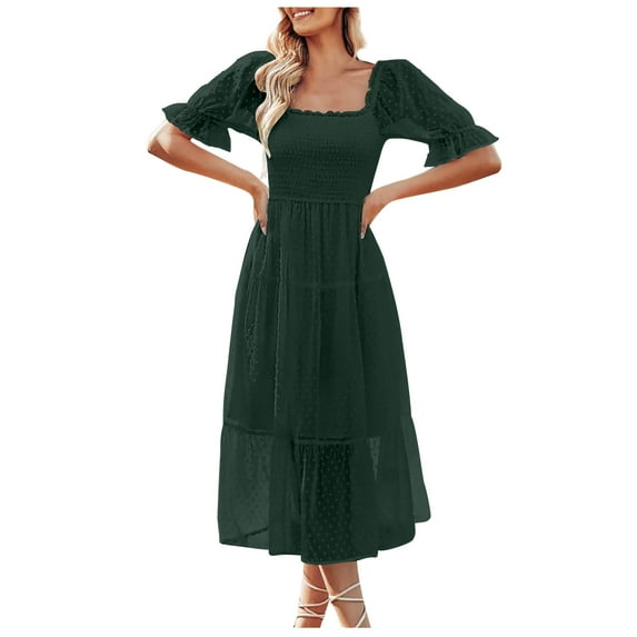 IROINNID Wedding Guest Dresses for Women Evening Night Formal Fall Dress Summer Solid Chiffon Square Neck Waist Fitting Dress Elegant A-Line Dress,Green