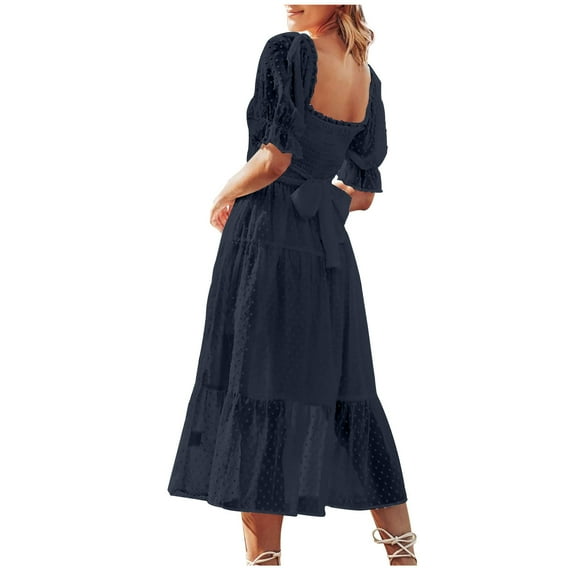 IROINNID Wedding Guest Dresses for Women Evening Night Formal Fall Dress Summer Solid Chiffon Square Neck Waist Fitting Dress Elegant A-Line Dress,Navy