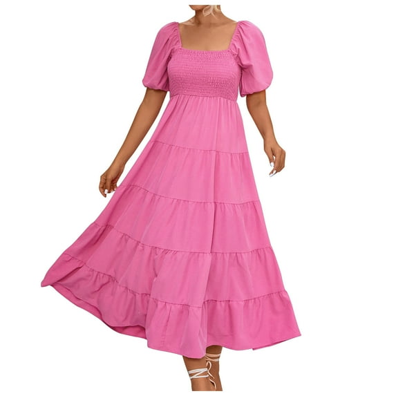 IROINNID Wedding Guest Dresses for Women Formal Evening Night Dress Casual Solid Color Square-Neck Short Bubble Sleeve Dress Elegant Empire Dress,Hot Pink
