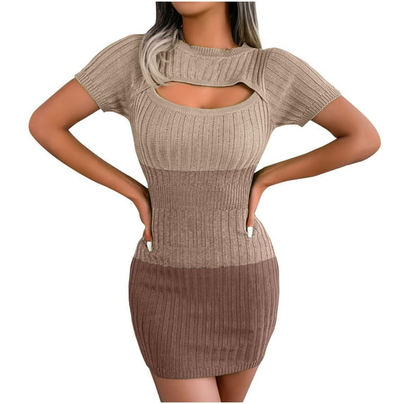 IROINNID Wedding Guest Dresses for Women Formal Evening Night Dress Sexy Cut-Out Color Blocking Sleeveless Round-Neck Button Waist Retraction Dress Elegant Sheath Dress,Khaki