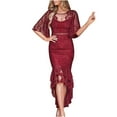 thumbnail image 1 of IROINNID Wedding Guest Dresses for Women Homecoming Party Floral Lace Flared Sleeves Hollowed Out Crew Neck Wedding Mermaid Dress Fishtail Dress Trendy Formal Dress,Burgundy, 1 of 8