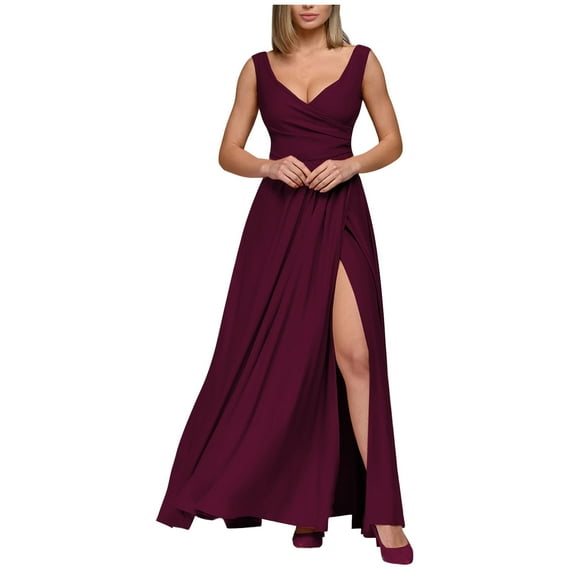 IROINNID Wedding Guest Dresses for Women Homecoming Party Summer Camis Sleeveless V-neck Waist Retraction Vent Formal Dress Elegant Formal Dress,Burgundy