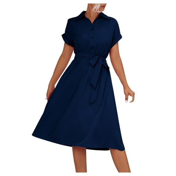 IROINNID Wedding Guest Dresses for Women Semi Formal Evening Night Casual Homecoming Dress Casual Solid Color Draw Back Button Shirt Lace Up Dress Trendy A-Line Dress,Navy