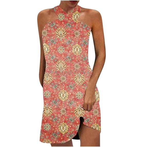 IROINNID Wedding Guest Dresses for Women Semi Formal Evening Night Casual Homecoming Dress Sexy Sleeveless Ladies Printed Mini Hanging Neck Dress Trendy Halter Dress,Red