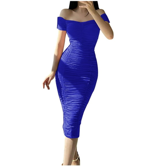 IROINNID Wedding Guest Dresses for Women Semi Formal Evening Night Casual Homecoming Dress Spring Summer Sleeveless Off-The-Shoulder Knee-High Dress Elegant Bodycon Dress,Blue