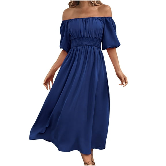 IROINNID Wedding Guest Dresses for Women Homecoming Party High Waist Color Short Sleeve Off-The Shoulder Dress Elegant Formal Dress,Navy