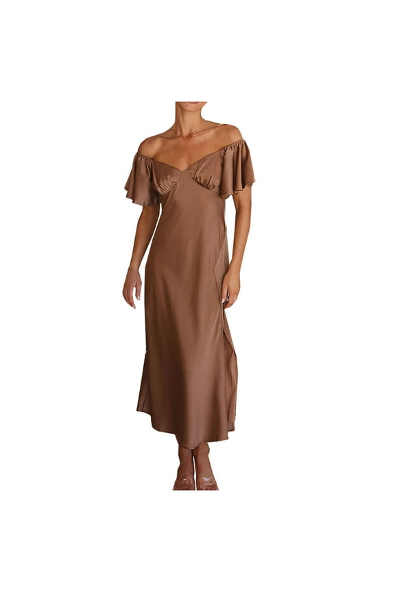 Wedding Guest Dresses for Women Homecoming Party Spring Summer Short Sleeve Round-Neck Ankle Dress Elegant Formal Dress,Coffee