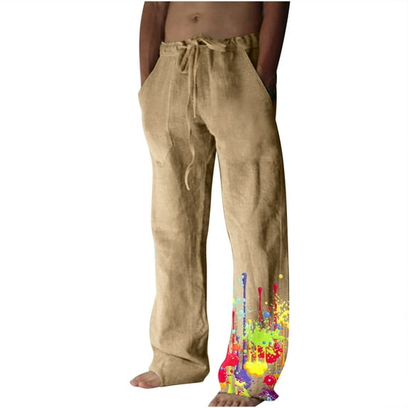 IROINNID Wide Leg Pants for Men Cotton Linen Wide Leg Pants Printed Drawstring Waist Breathable Sports Pants Loose Fit Trousers,Beige