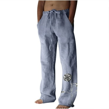 IROINNID Wide Leg Pants for Men Savings Cotton Linen Wide Leg Pants Printed Drawstring Waist Sports Pants Relaxed Fit Trousers,Blue