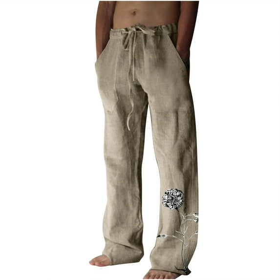 IROINNID Wide Leg Pants for Men Savings Cotton Linen Wide Leg Pants Printed Drawstring Waist Sports Pants Relaxed Fit Trousers,Khaki