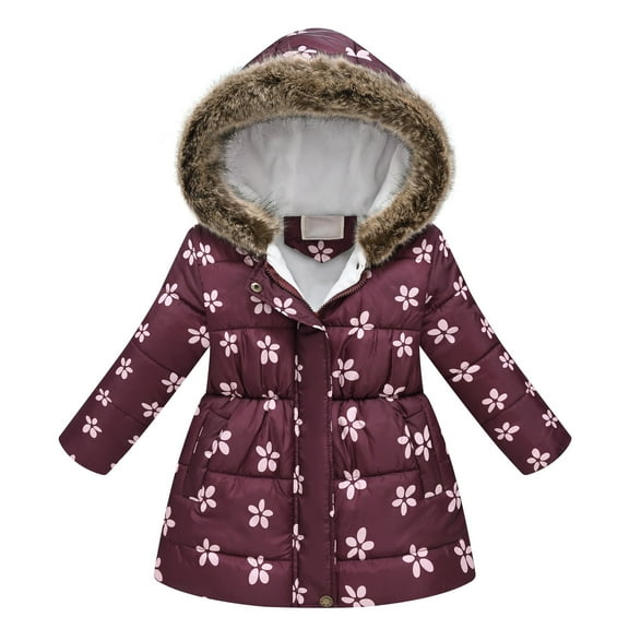 IROINNID Winter Coat for Kids Floral Print Thick Jacket Warm Windproof Hooded Thermal Coat Outerwear,Burgundy