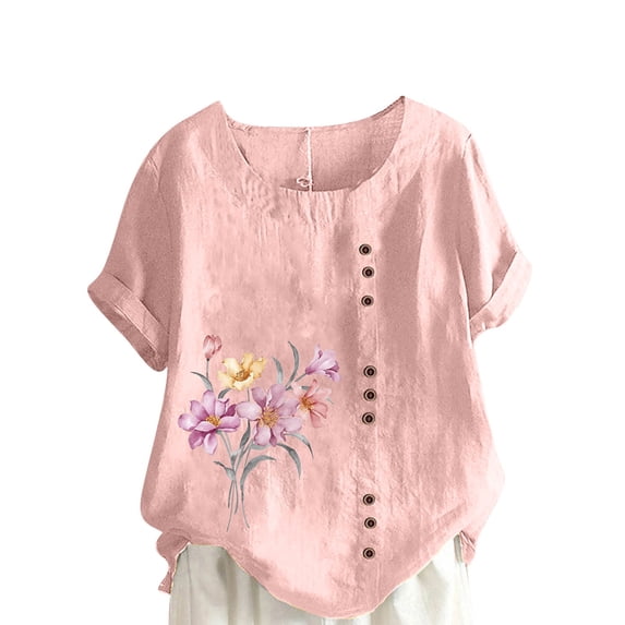 IROINNID Women 2023 Summer Print Regular Button Loose Round Neck Short Sleeve Women Comfy Short Sleeves Top Spring Saving