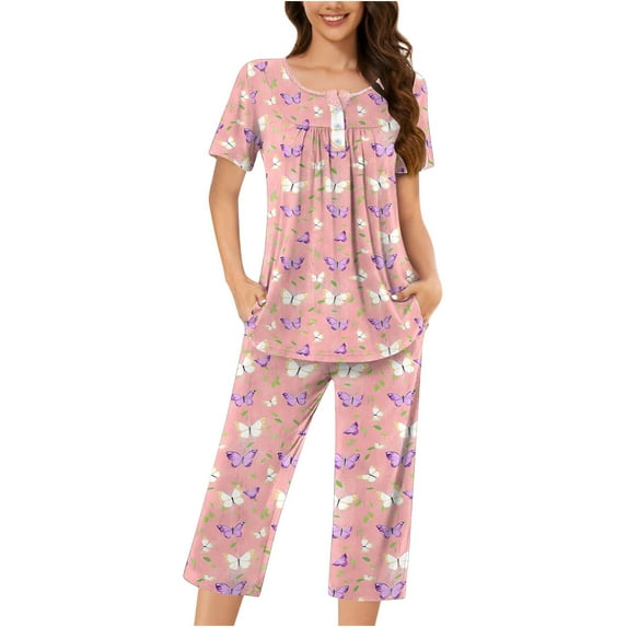 IROINNID Women Casual Button Down Blouse and Pants Pajama Set Loose Short Sleeve Round Neck Top with Pockets Spring Summer Outfit Daily Wear Lightweight Soft Home Suit(Pink#1,L)