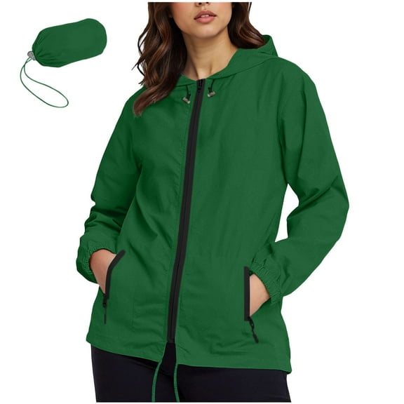 IROINNID Women Casual Daily Wear Rainproof Jacket Solid Color Waterproof Lightweight Fashion Zipper Hooded Coat Long Sleeve Outerwear with Pockets(Green#1,S)