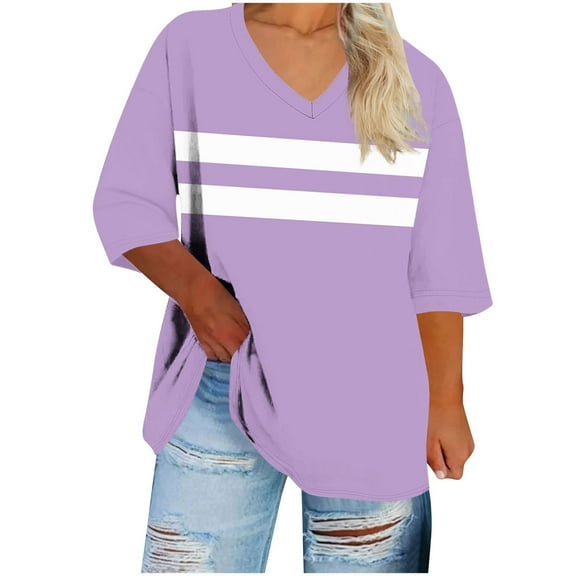 IROINNID Women Casual Fashion Loose Fit Printed Round Neck 3/4 Sleeve Tshirt Comfortable Soft Breathable Tee Tops For Everyday Wear(Purple#2,3XL)
