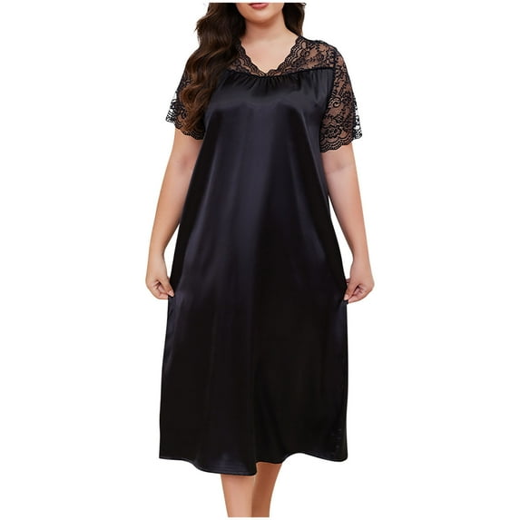 IROINNID Women Casual Fashion Solid Color Lace Simulated Silk Robe Home Clothing Long/Short Sleeve Loose Comfortable Spring Summer Nightgown Home Wear(Black#1,5XL)
