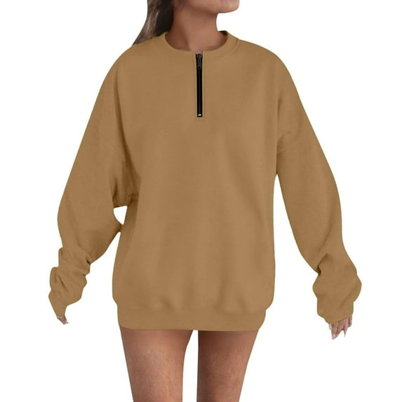 IROINNID Women Casual Fashion Solid Color Long Sleeve Hooded Pocket Sweatshirt Comfortable Pullover Tops Soft Loose Fit Streetwear Cozy Winter Warm Stylish Home Wear(Khaki#1,2XL)