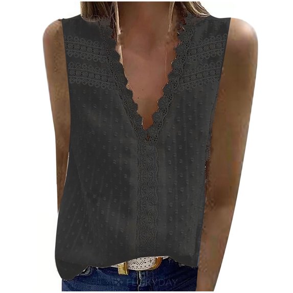 IROINNID Women Casual Jacquard Chiffon Tops Sleeveless Sleeveless V-Neck Solid Loose Tops Spring Saving Sale