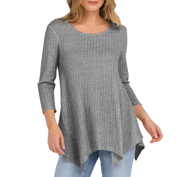 IROINNID Women Casual Round Neck 3/4 Sleeve Blouse Solid Color Loose Fit Tops Everyday Comfortable Soft Fabric Stylish Streetwear Versatile Wear(Gray,XL)