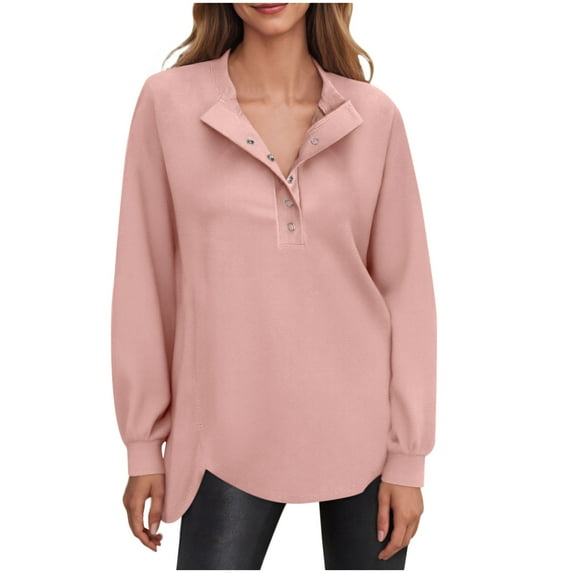IROINNID Women Casual Round Neck Button Front Sweatshirt Long Sleeve Pullover Tops Fall Winter Comfortable Soft Loose Fit Basic Everyday Wear Stylish Relaxed Fit(Pink,M)