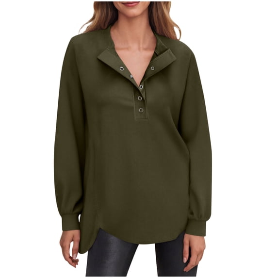 IROINNID Women Casual Round Neck Button Front Sweatshirt Long Sleeve Pullover Tops Fall Winter Comfortable Soft Loose Fit Basic Everyday Wear Stylish Relaxed Fit(Army Green,S)