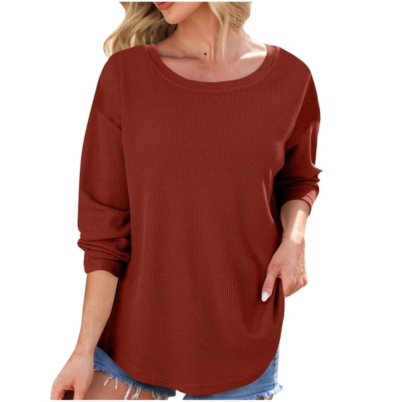 IROINNID Women Casual Solid Color Round Neck Long Sleeve Pullover Sweatshirt Fall Tops Comfortable Everyday Wear Loose Fit Soft Basic Shirt(Red,M)