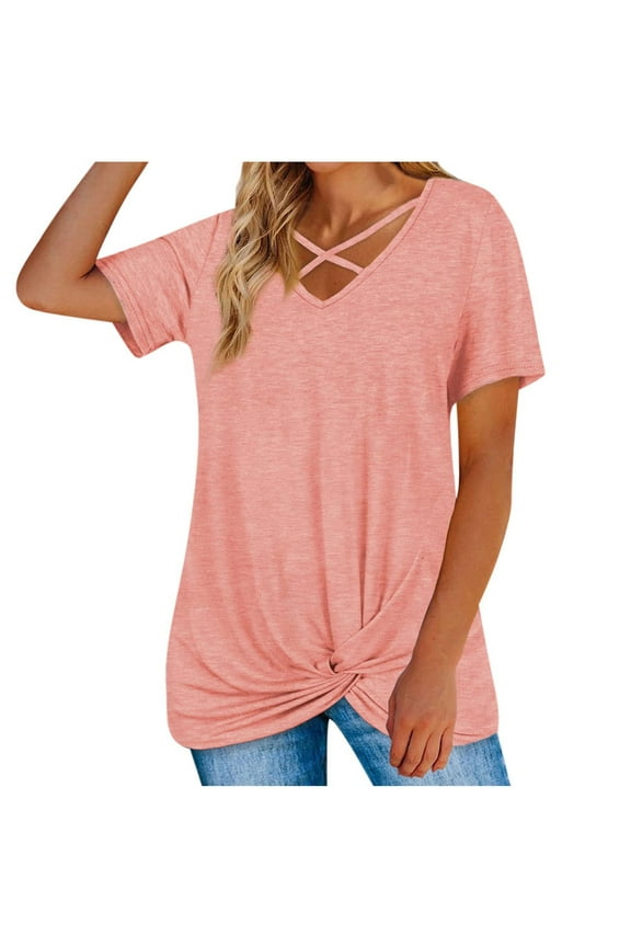 Women Fashion Casual V-Neck Short Sleeve Solid Color Twist Cross Top Spring