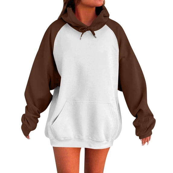 IROINNID Women Fashion Classic Solid Color Block Long Sleeve Hooded Pocket Sweatshirt Casual Comfortable Pullover Tops for Everyday Wear(Brown,L)