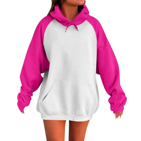 IROINNID Women Fashion Classic Solid Color Block Long Sleeve Hooded Pocket Sweatshirt Casual Comfortable Pullover Tops for Everyday Wear(Hot Pink,L)