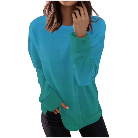 IROINNID Women Fashion Irregular Striped Printed Long Sleeve Round Neck Casual Tops Blouse Sweatshirt Loose Fit Comfortable Pullover Trendy Streetwear Stylish Basic Tee(Dark Blue#1,S)