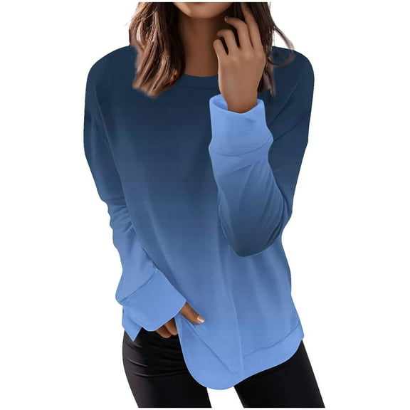 IROINNID Women Fashion Irregular Striped Printed Long Sleeve Round Neck Casual Tops Blouse Sweatshirt Loose Fit Comfortable Pullover Trendy Streetwear Stylish Basic Tee(Blue#1,S)