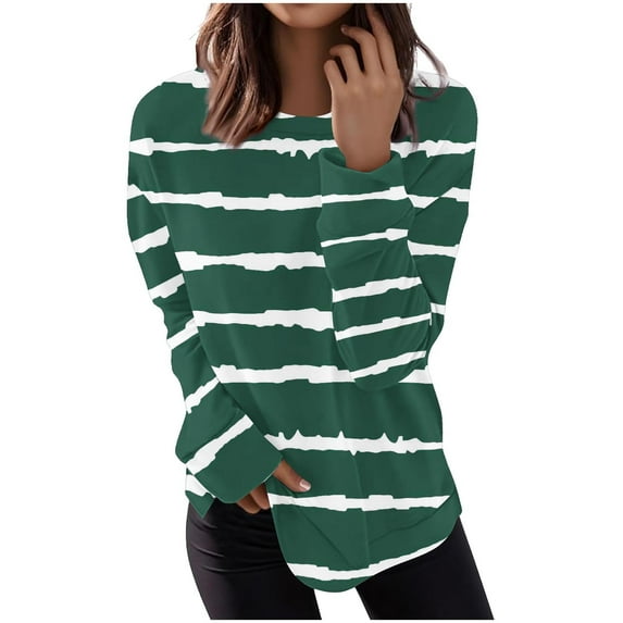 IROINNID Women Fashion Irregular Striped Printed Round Neck Long Sleeve Blouse Casual Tops Loose Fit Comfortable Pullover Streetwear Soft Fabric Stylish Everyday Wear(Army Green,S)