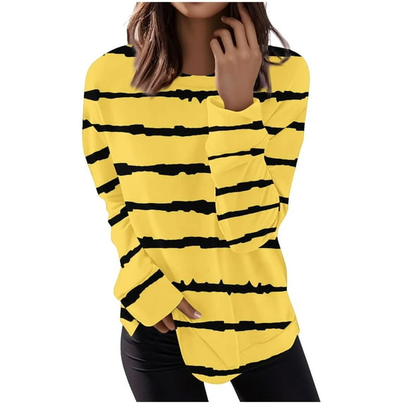 IROINNID Women Fashion Irregular Striped Printed Round Neck Long Sleeve Blouse Casual Tops Loose Fit Comfortable Pullover Streetwear Soft Fabric Stylish Everyday Wear(Yellow,L)