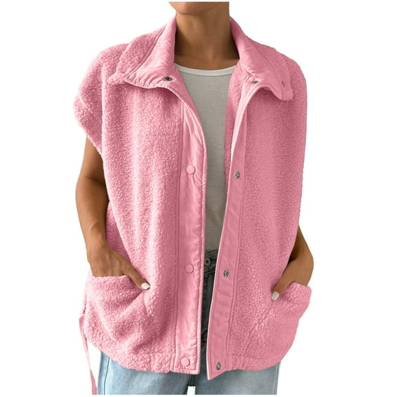 IROINNID Women Fashion Sleeveless Fleece Vest Winter Warm Button Down Outerwear Cozy Soft Solid Color Casual V Neck Tank Tops for Fall Winter(Pink,S)