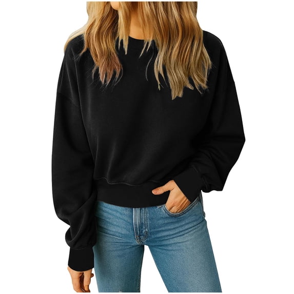 IROINNID Women Fashion Solid Color Casual Long Sleeve Round Neck Shirt Comfortable Loose Fit Short Top Soft Warm Thermal Wear Stylish Everyday Basic Tee(Black,XL)