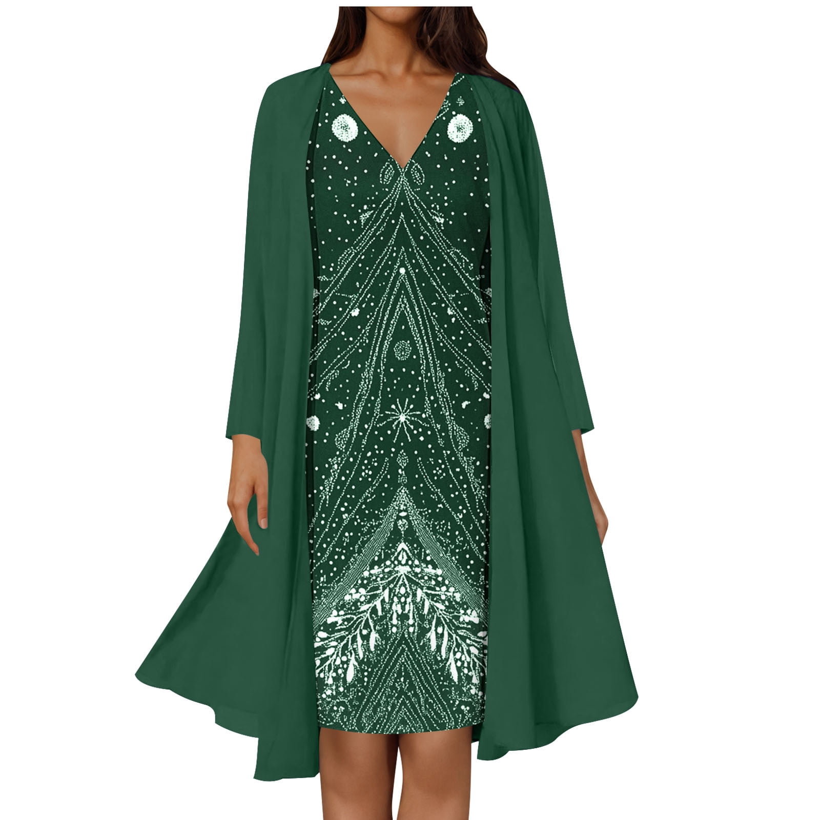 Women Floral Print Chiffon V Neck Long Sleeve Dress with Long Sleeve Cardigan Casual Outfit Midi Dress Matching Wear Comfortable Soft Lightweight(Z02#Army Green,M)