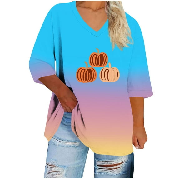 IROINNID Women Halloween Printed V Neck Three Quarter Sleeve T Shirt Casual Loose Fit Top Comfortable Soft Fabric Trendy Fall Apparel for Everyday Wear Party(Light Blue#1,3XL)