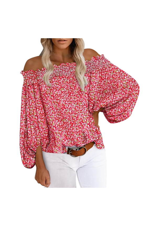 Women Lantern Sleeve Off Shoulder Tops Printed Casual Pullover Vacation Relaxed Fit Shirts,Pink