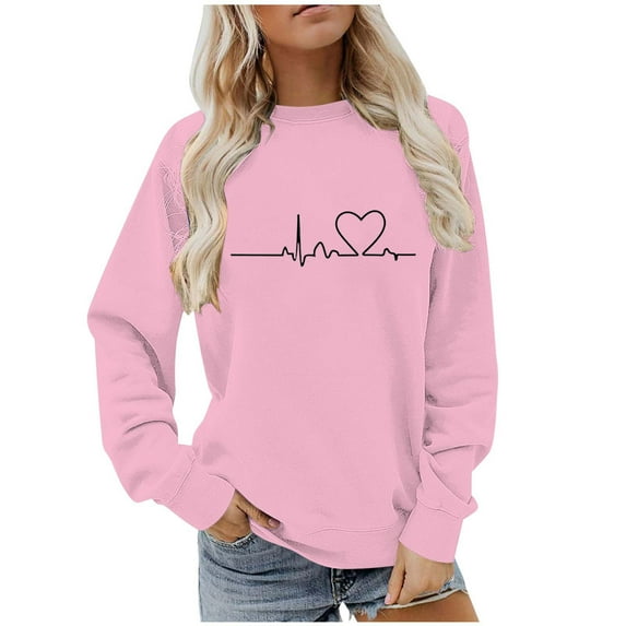 IROINNID Women Leaf Printed Round Neck Casual Sporty Long Sleeved Sweatshirt Top Soft Warm Winter Loose Fit Hoodie Everyday Wear Office Outing(Pink,L)