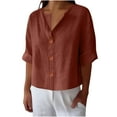 thumbnail image 1 of IROINNID Women Loose Fit V Neck Button Down Cotton Linen Blend T Shirt Casual Comfortable All Match Top Breathable Soft Everyday Wear(Brown#1,5XL), 1 of 6