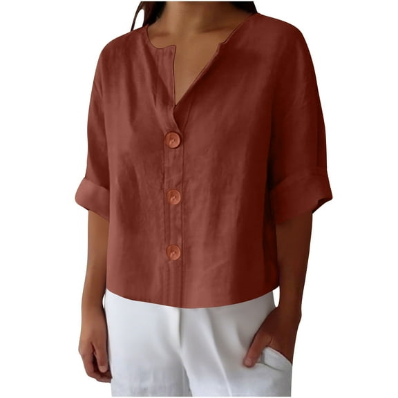 IROINNID Women Loose Fit V Neck Button Down Cotton Linen Blend T Shirt Casual Comfortable All Match Top Breathable Soft Everyday Wear(Brown#1,XL)