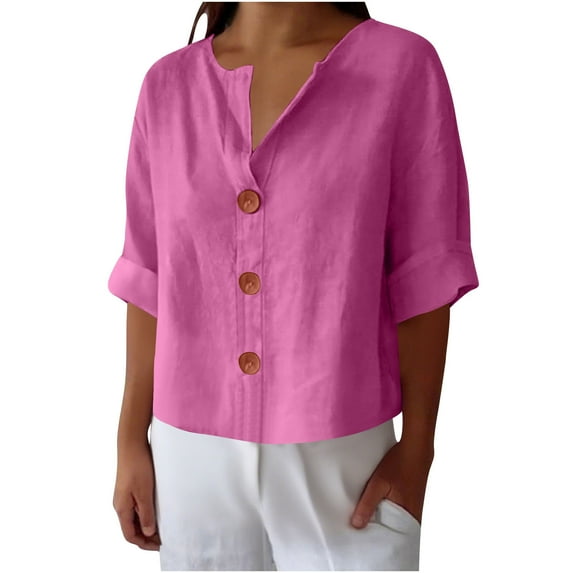 IROINNID Women Loose Fit V Neck Button Down Cotton Linen Blend T Shirt Casual Comfortable All Match Top Breathable Soft Everyday Wear(Hot Pink,M)