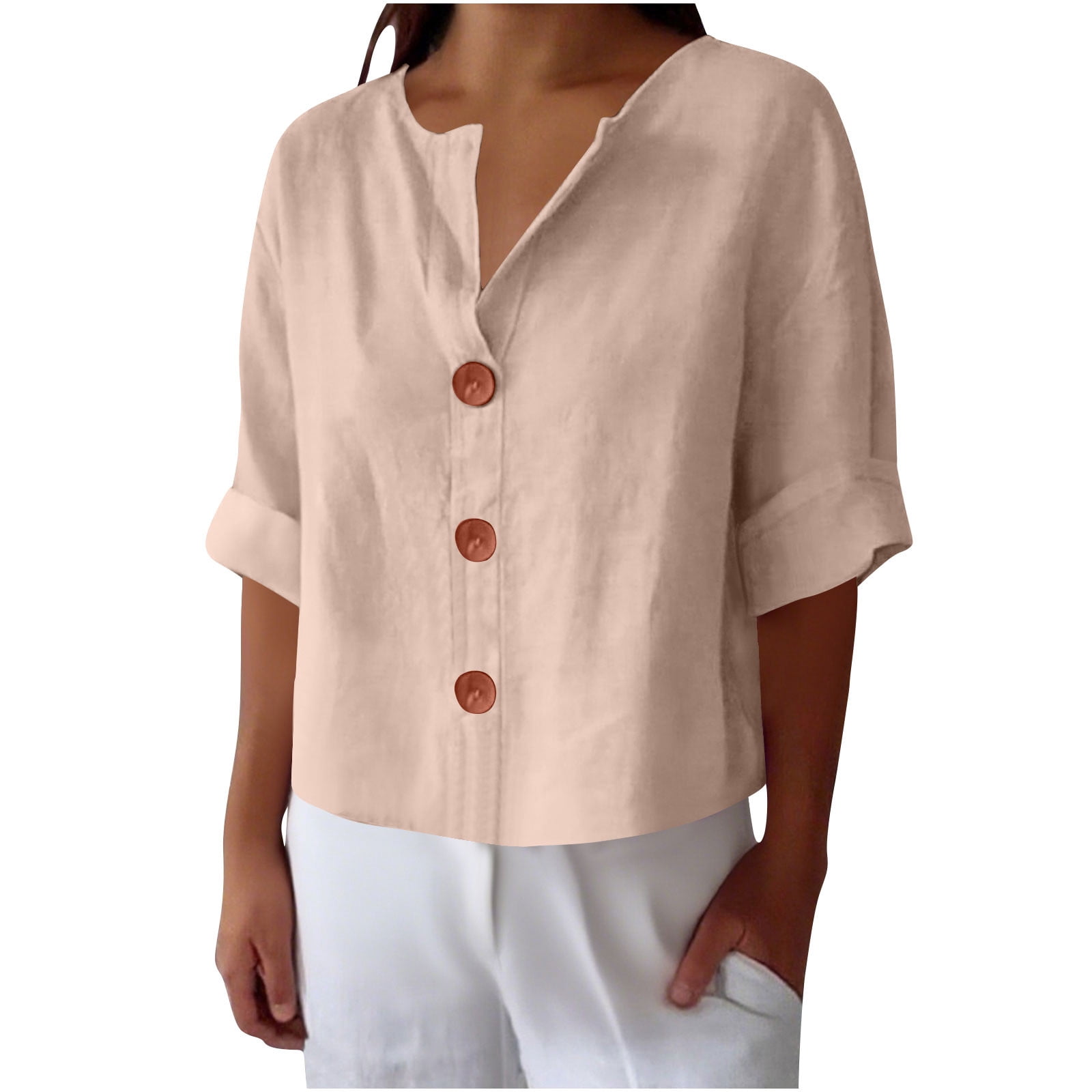 IROINNID Women Loose Fit V Neck Button Down Cotton Linen Blend T Shirt ...
