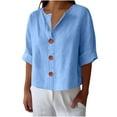 thumbnail image 1 of IROINNID Women Loose Fit V Neck Button Down Cotton Linen Blend T Shirt Casual Comfortable All Match Top Breathable Soft Everyday Wear(Sky Blue,L), 1 of 6