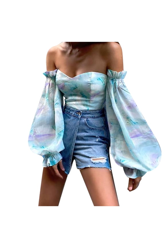 Women Pleated Sleeve Off-Shoulder Trendy Chiffon Blouse Breast Wrap Casual Tops