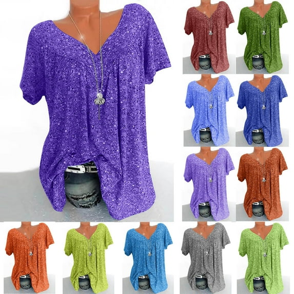 IROINNID Women Plus T-Shirts Short Sleeve Shirt V-Neck Print Tee Tops Summer T Shirts Purple