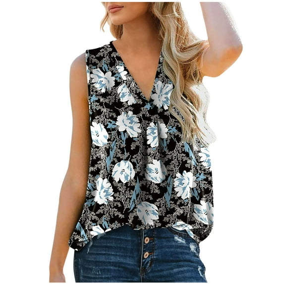 IROINNID Women Print Casual Tunic Tops Loose Vacation Sleeveless V-Neck Blouse Spring