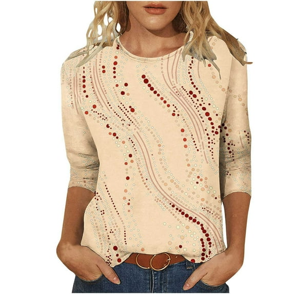 IROINNID Women Printed Round Neck Casual 3/4 Sleeve Shirt Summer Trendy Blouse Cute Tops Comfortable Loose Fit Fashion T Shirt Clothes(Beige#4,XL)
