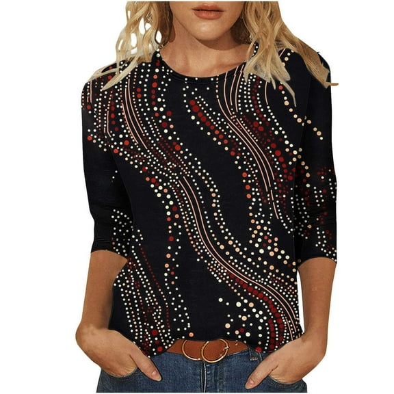 IROINNID Women Printed Round Neck Casual 3/4 Sleeve Shirt Summer Trendy Blouse Cute Tops Comfortable Loose Fit Fashion T Shirt Clothes(Black#4,S)